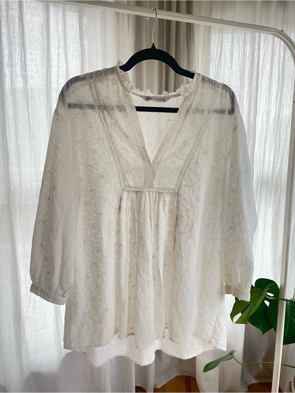 Zara Cream Embroidered V-Neck Tunic
